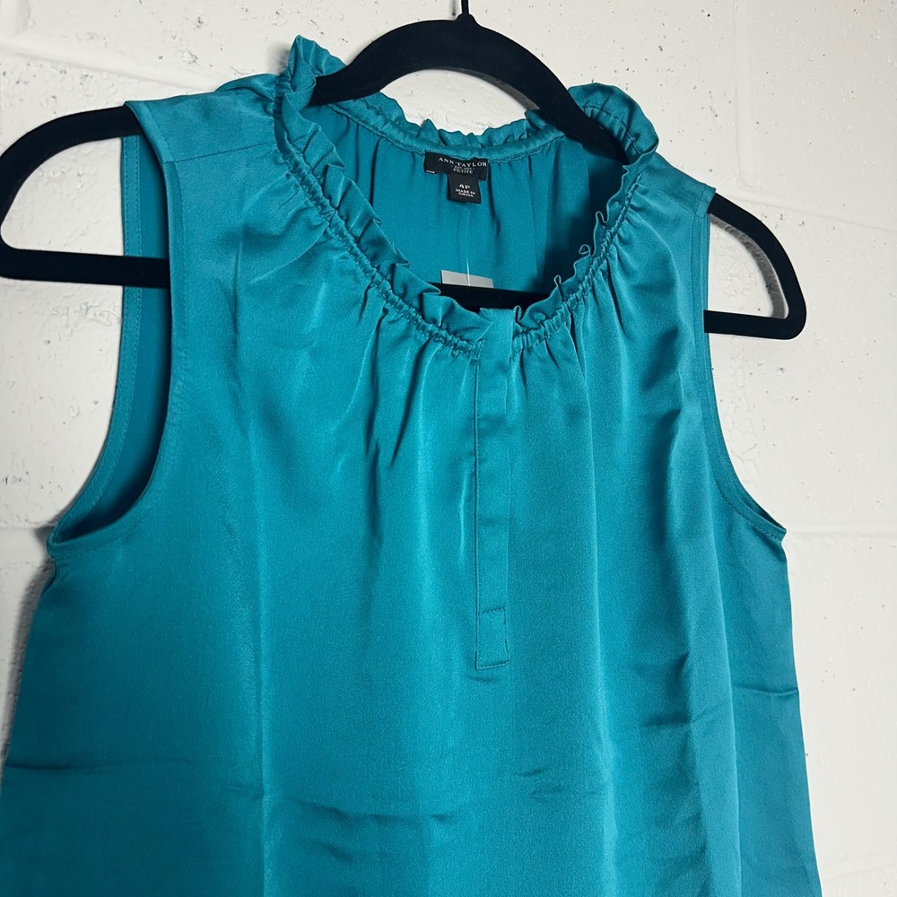 Ann Taylor Sleeveless Ruffle Neck‎ Top Teal Green Blouse Womens Size 4 Petite